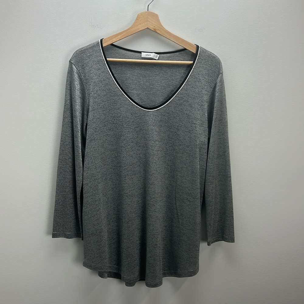 Vince Gray T Shirt Metallic Scoop Neck 3/4 Sleeve Closet Staple Womens Large